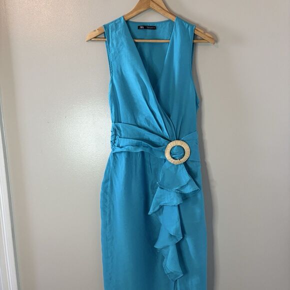 Zara Turquoise Blue Maxi Dress Sleeveless Buckle Womens Silky Pleated Sz… - Picture 1 of 9